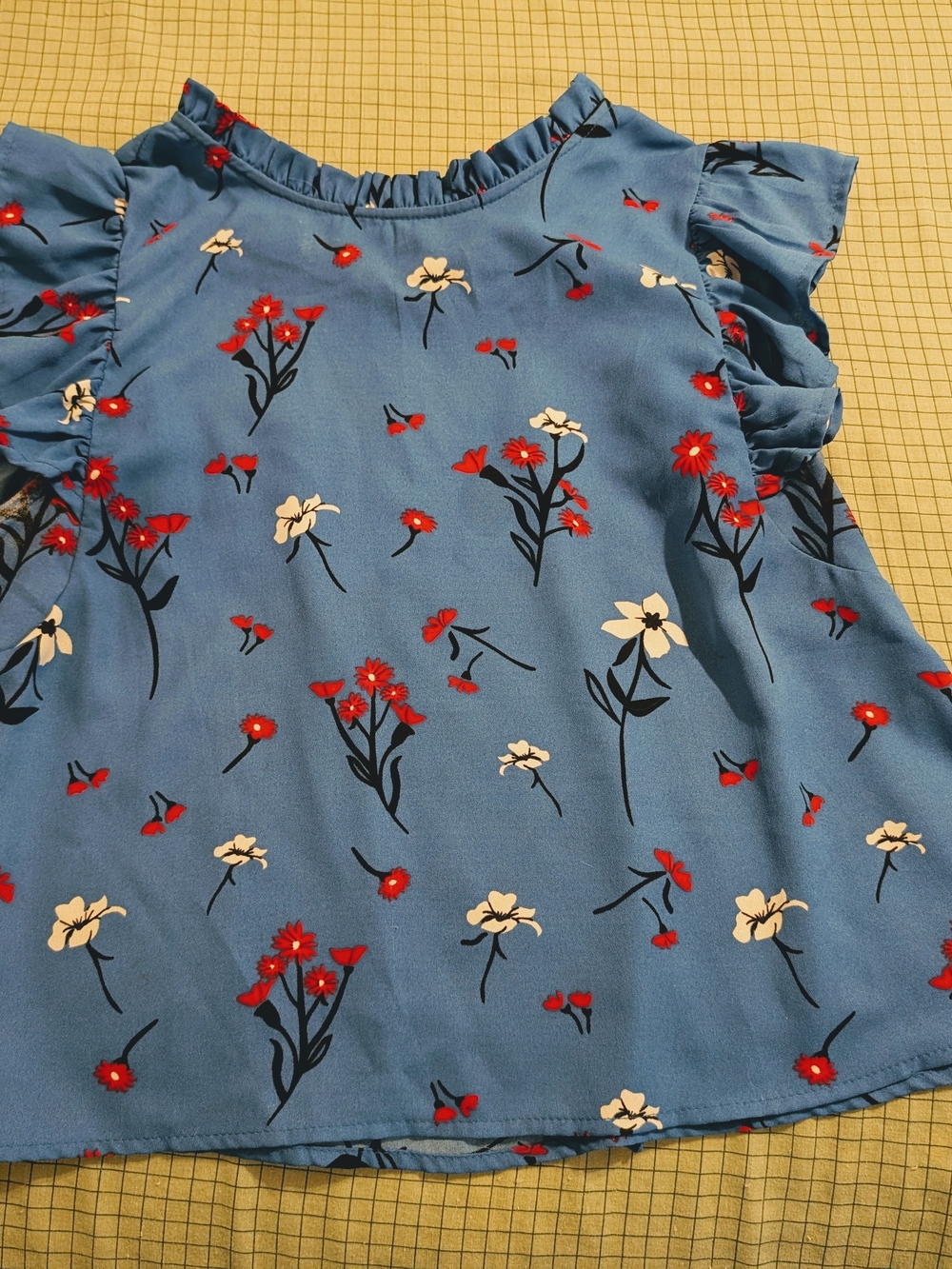 True Destiny Blue Floral Ruffle-Sleeve Top